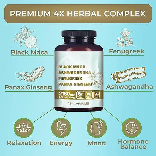 4-in-1 Organic Black Maca Root, Ashwagandha, Fenugreek, Panax Ginseng Supplement for Men and Women in Capsules - TTA6