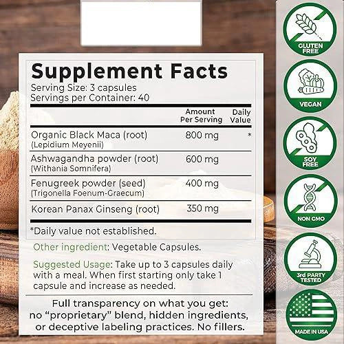 4-in-1 Organic Black Maca Root, Ashwagandha, Fenugreek, Panax Ginseng Supplement for Men and Women in Capsules - JSS6