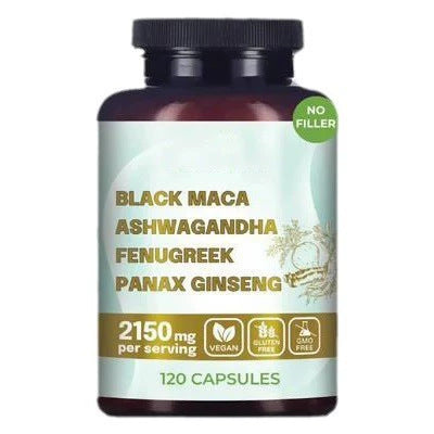 4-in-1 Organic Black Maca Root, Ashwagandha, Fenugreek, Panax Ginseng Supplement for Men and Women in Capsules - JSS6