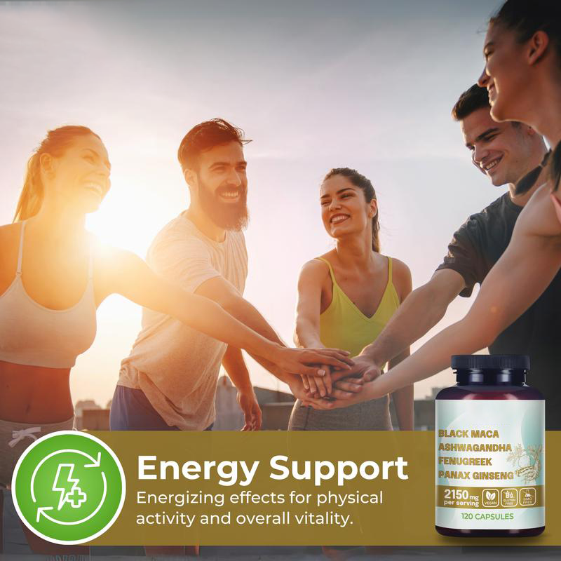4-in-1 Organic Black Maca Root, Ashwagandha, Fenugreek, Panax Ginseng Supplement for Men and Women in Capsules - JSS6